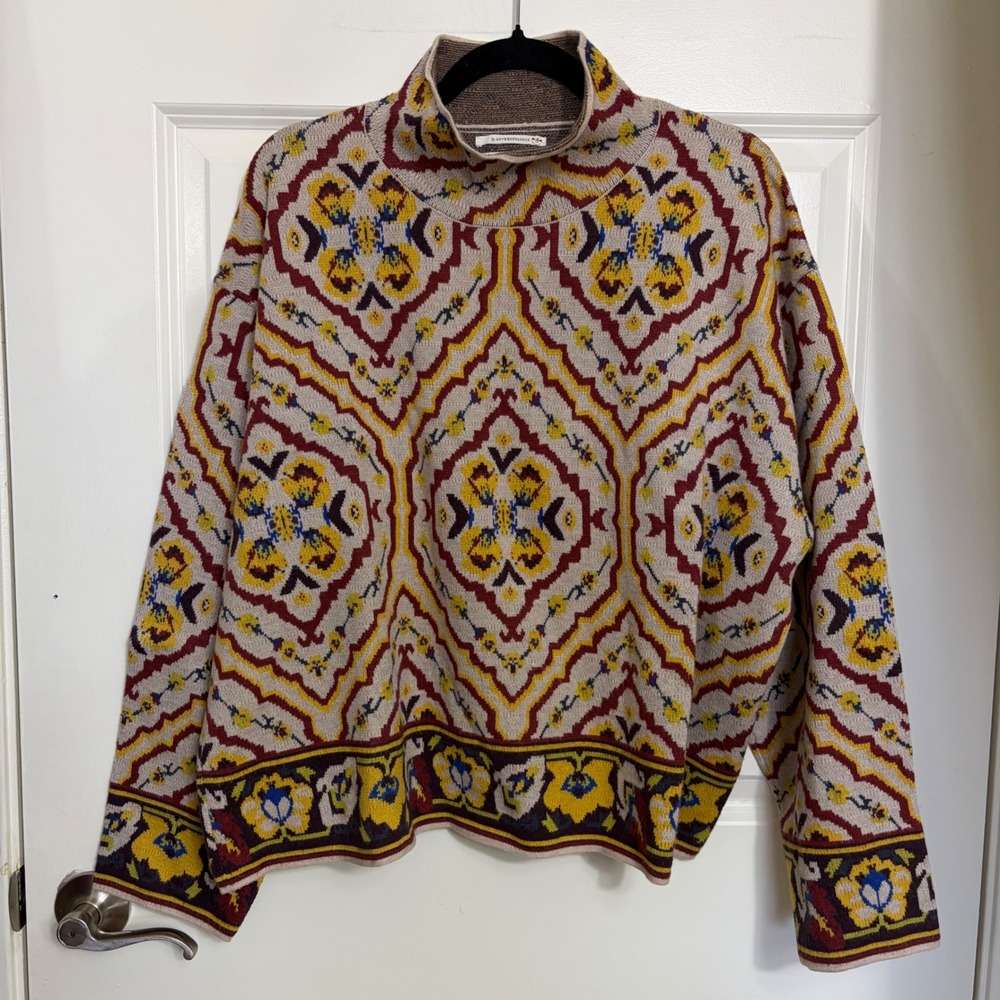 Anthropologie Mock Neck Intarsia Tile Floral Sweater 3X Plus Size Boho Pullover